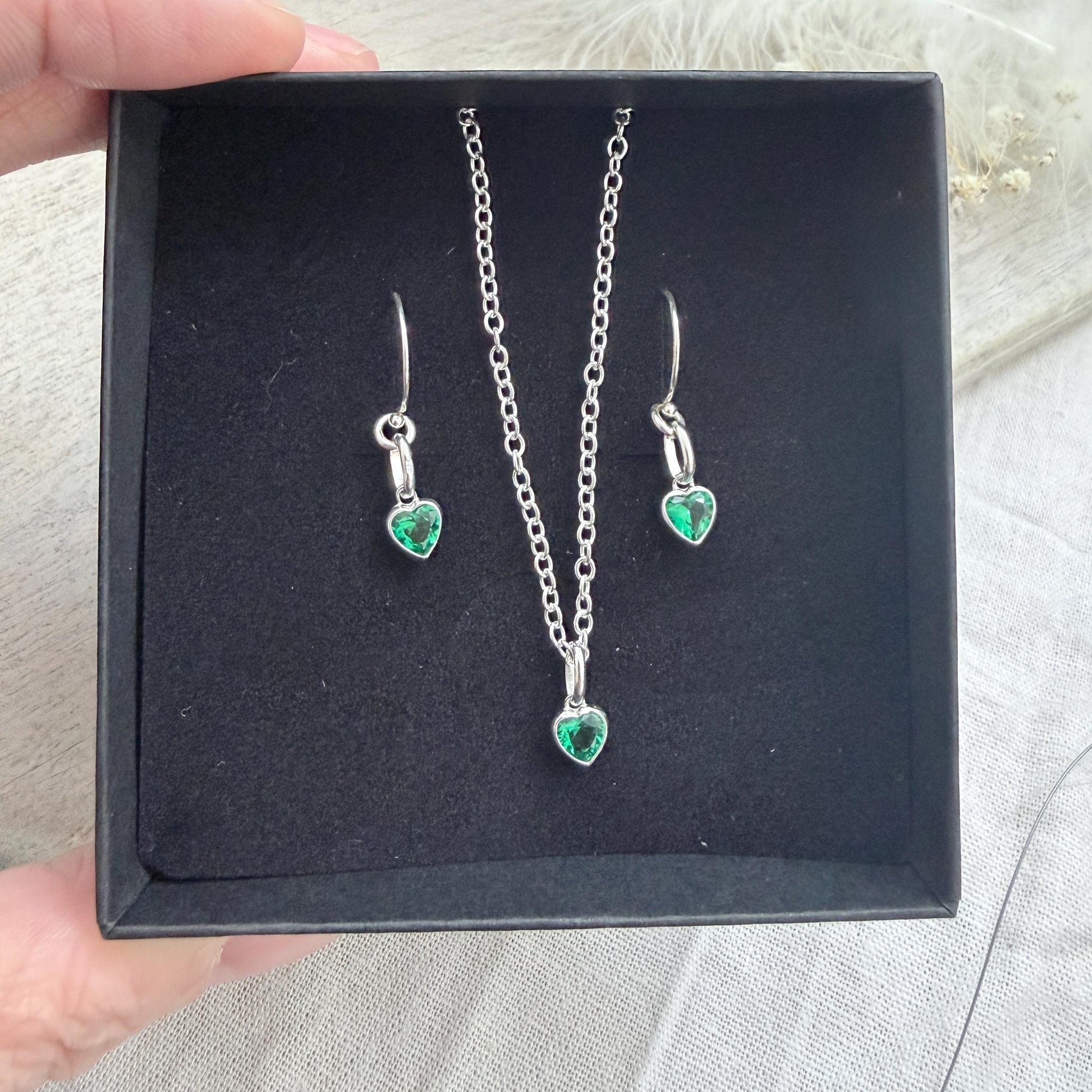 Heart shaped May Birthstone Earrings, Sterling Silver Cubic Zirconia drops, birthday gift for May