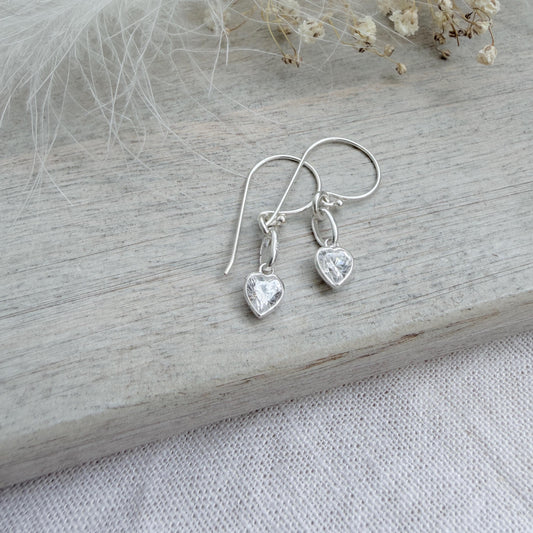 Heart shaped April Birthstone Earrings, Sterling Silver Cubic Zirconia drops, birthday gift for April
