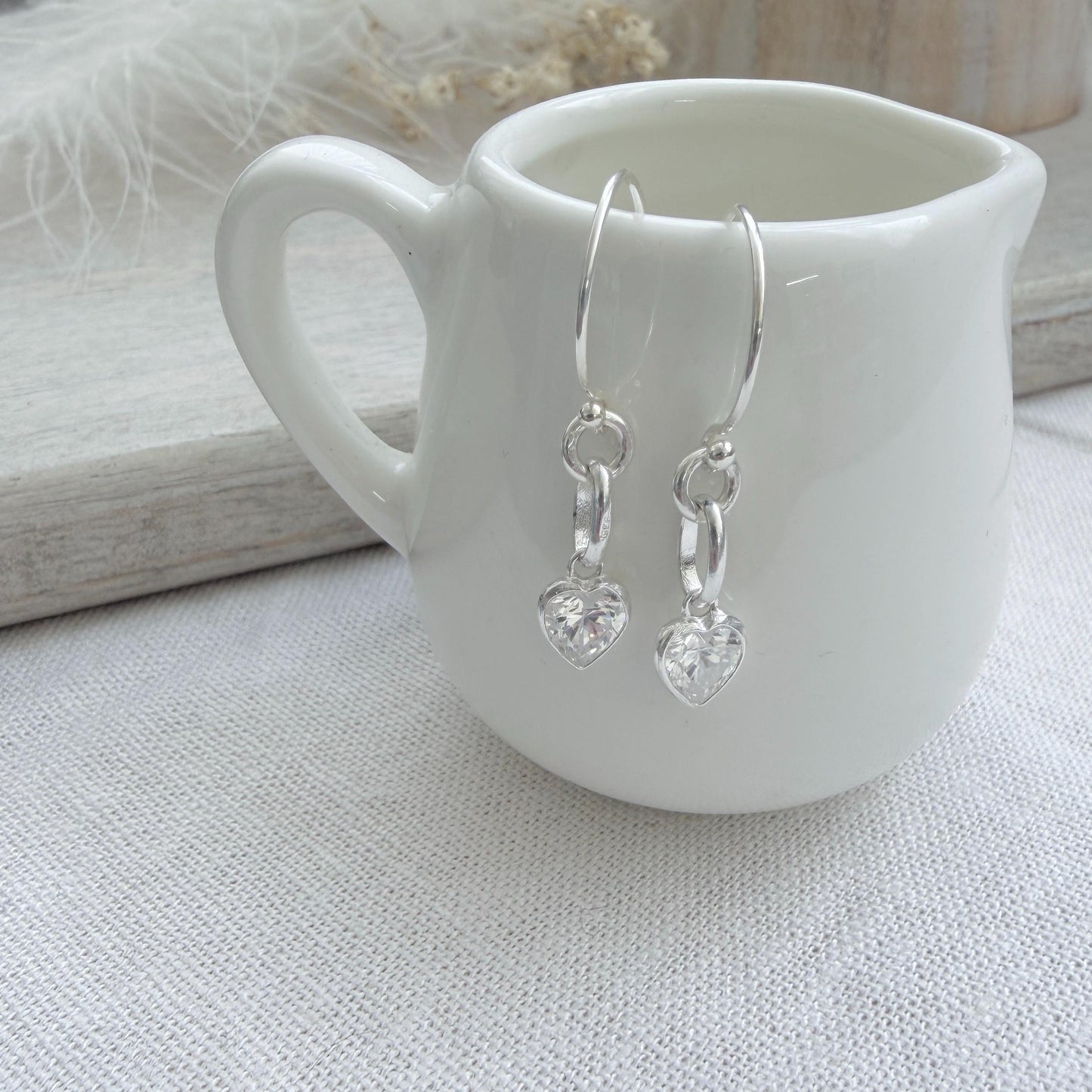 Heart shaped April Birthstone Earrings, Sterling Silver Cubic Zirconia drops, birthday gift for April