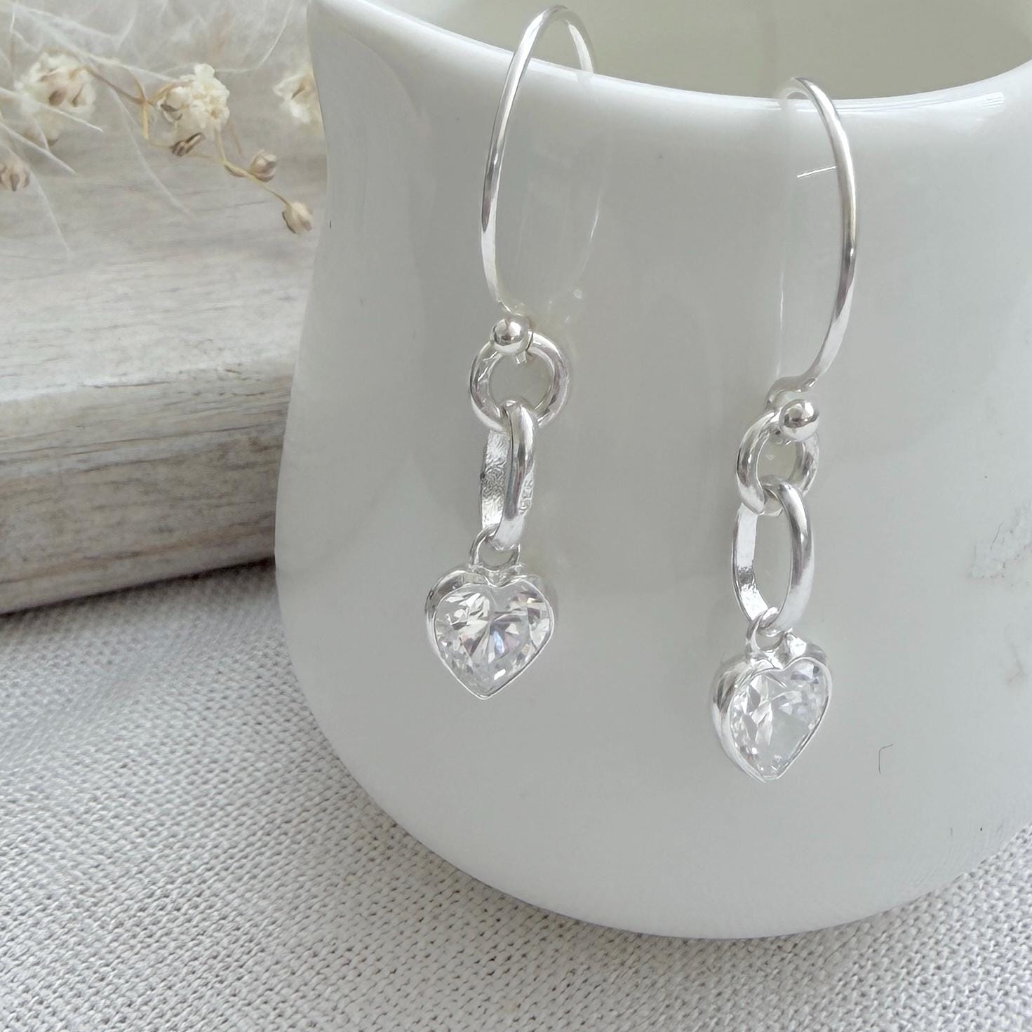 Heart charm April birthstone jewellery set, sterling silver Earrings Necklace set