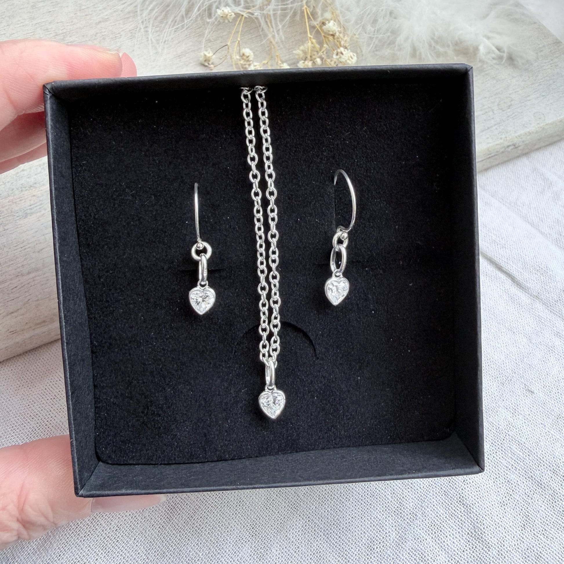 Heart charm April birthstone jewellery set, sterling silver Earrings Necklace set, birthday gift for women