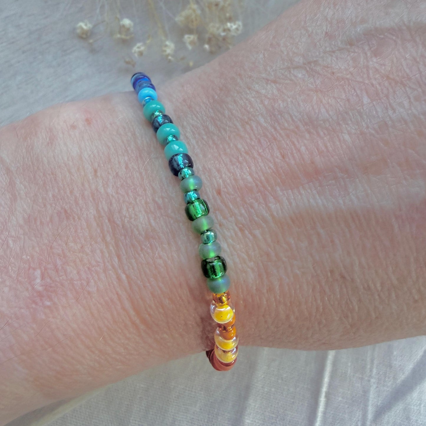 Thin Ombre Rainbow Bracelet with seed beads rainbow colours