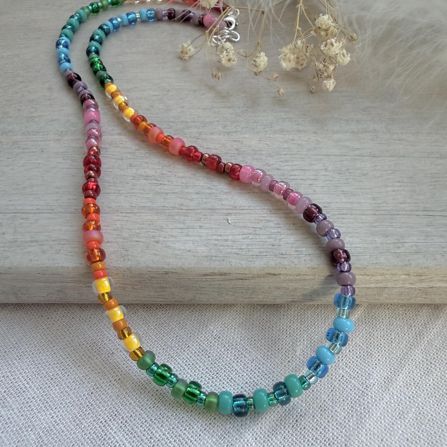 Rainbow necklace with 4mm glass seed beads, colourful summer jewellery for women