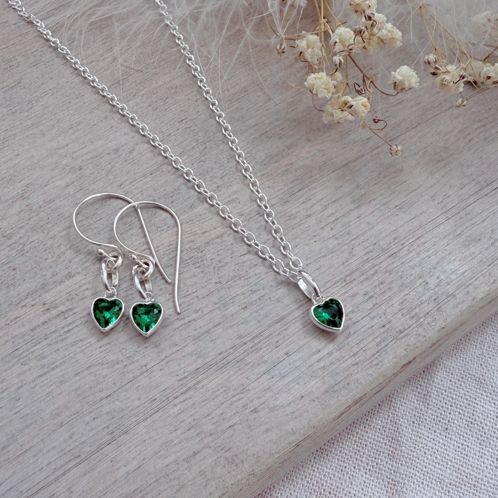 Heart charm May birthstone jewellery set, sterling silver Earrings Necklace set
