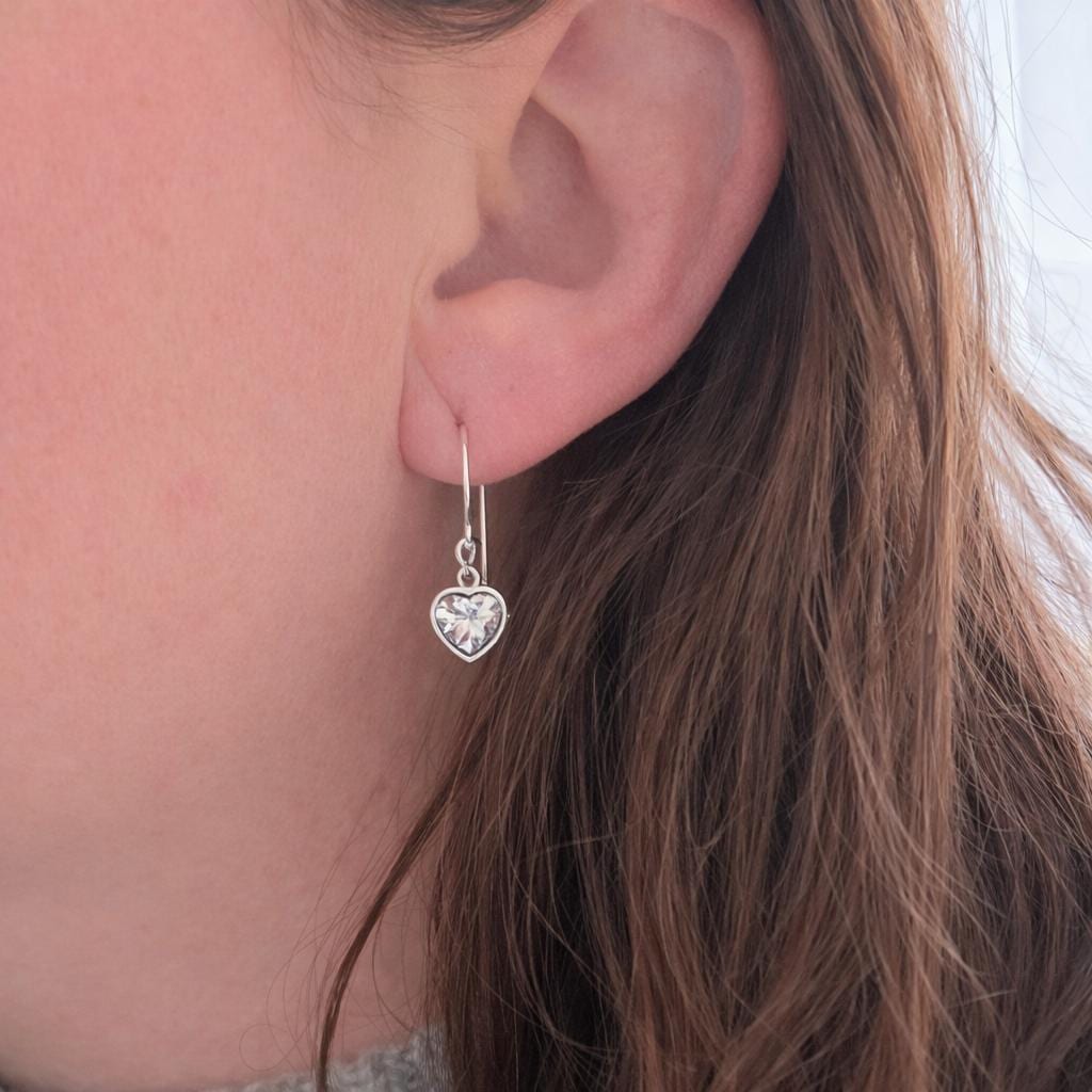 Heart shaped April Birthstone Earrings, Sterling Silver Cubic Zirconia drops, birthday gift for April
