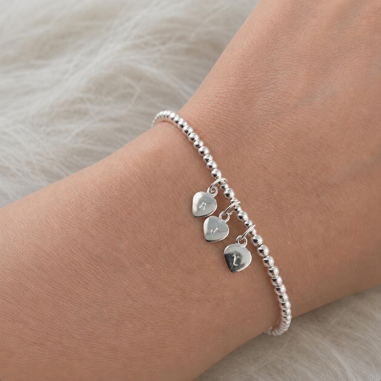 Initial Charm Personalised Bracelet, 3mm Sterling Silver Beads Family Initials bracelet