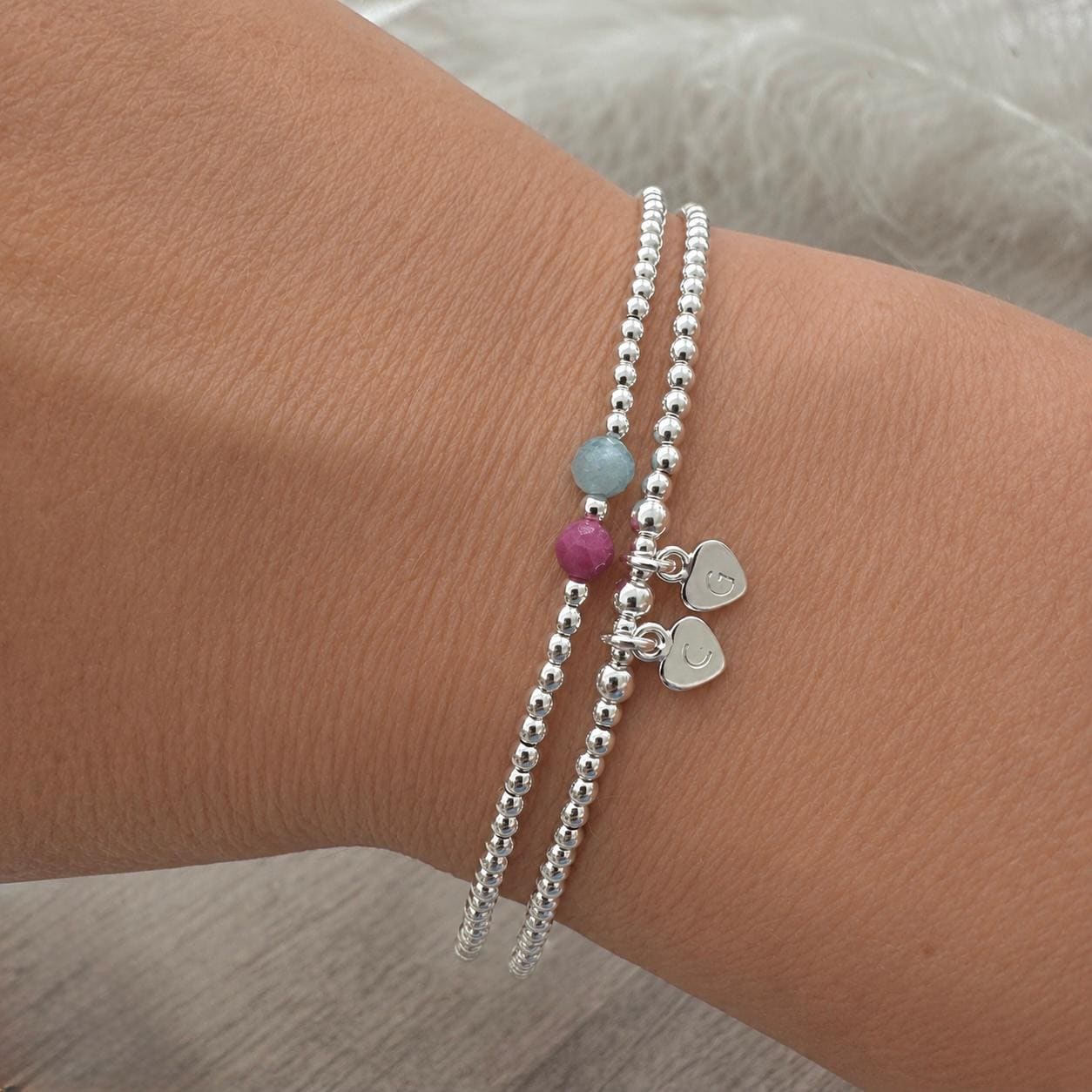 Family Birthstone & Initial Two Bracelet Set, Dainty Family Jewellery