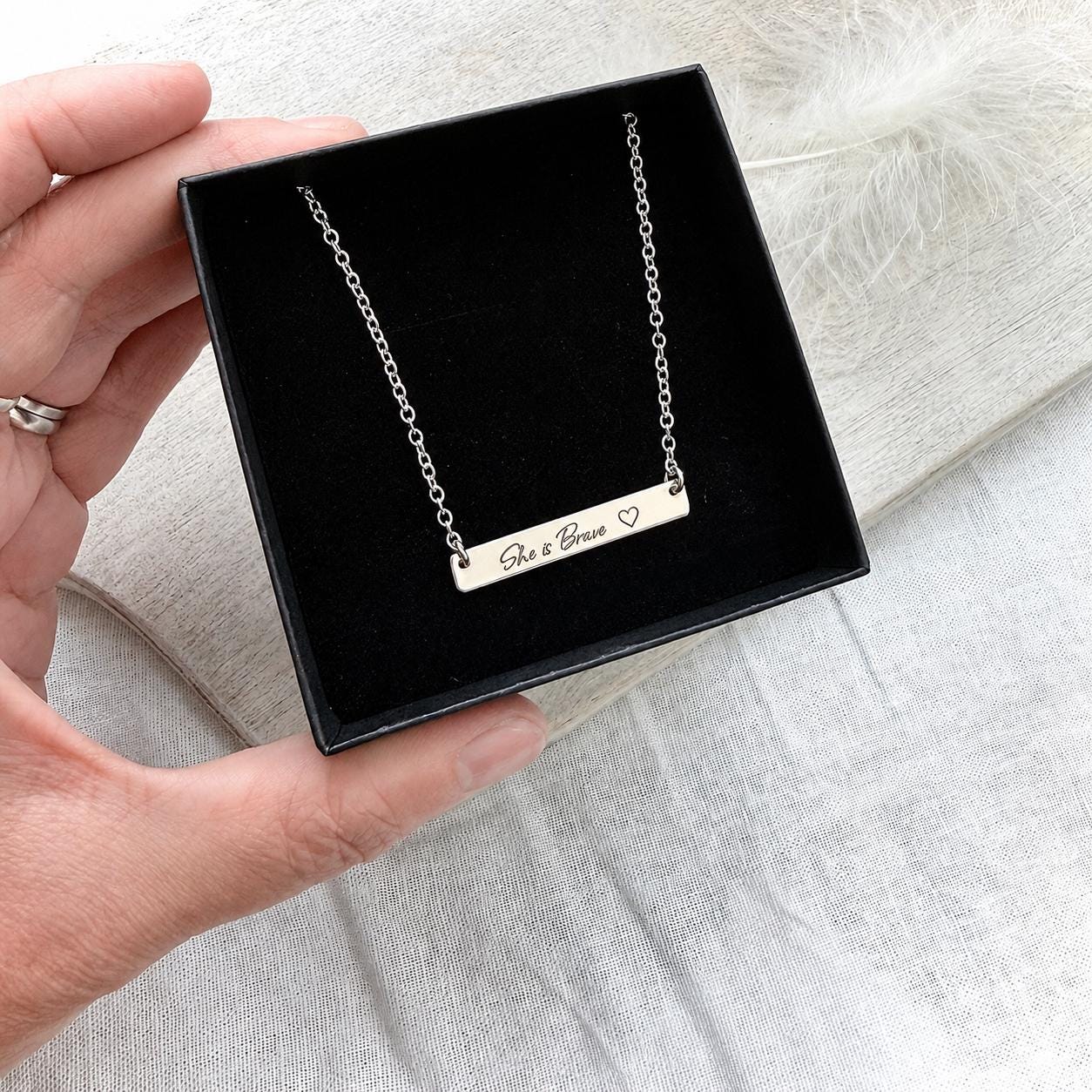 Engraved She is Brave Bar Necklace, Gift for Friend