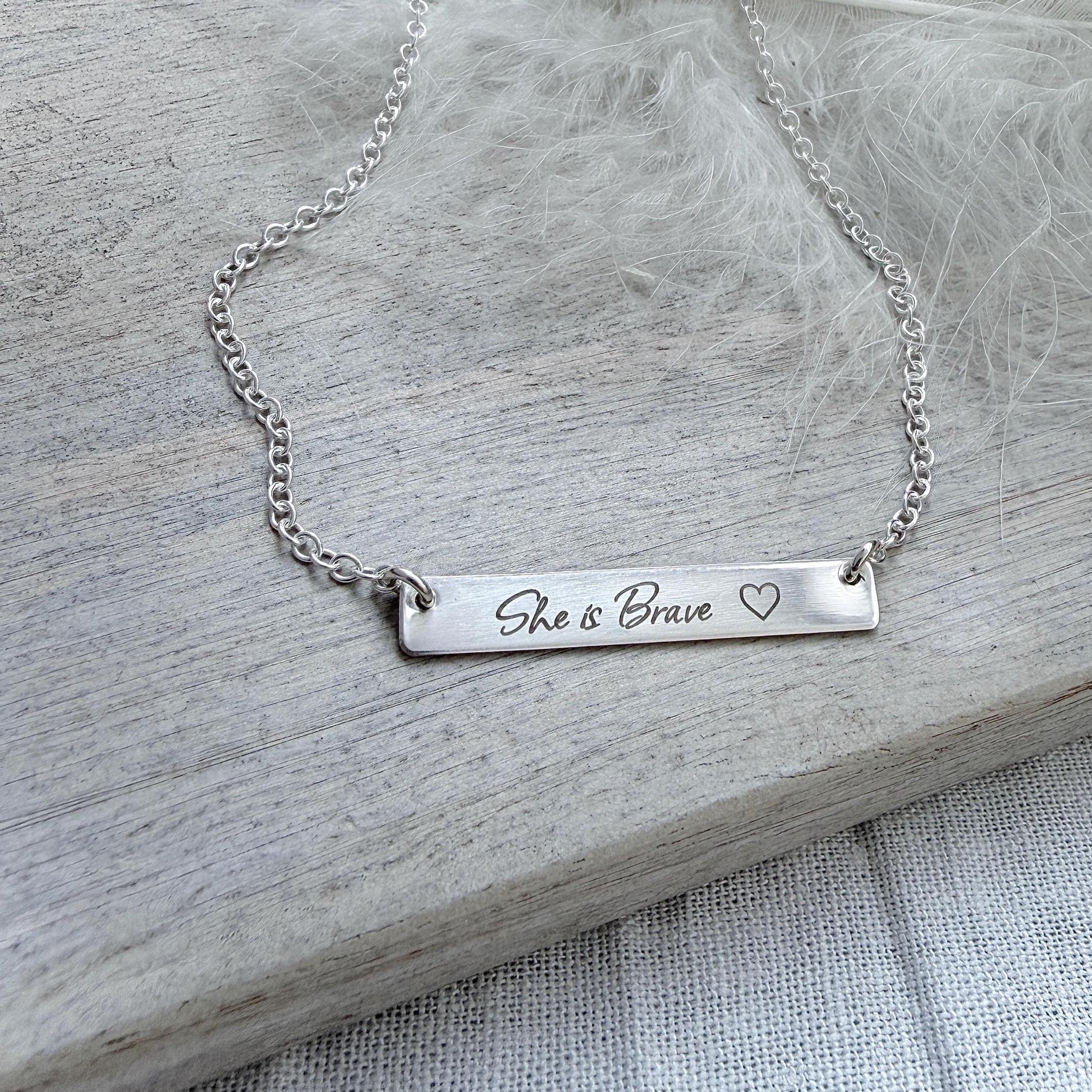 Engraved She is Brave Bar Necklace, Gift for Friend