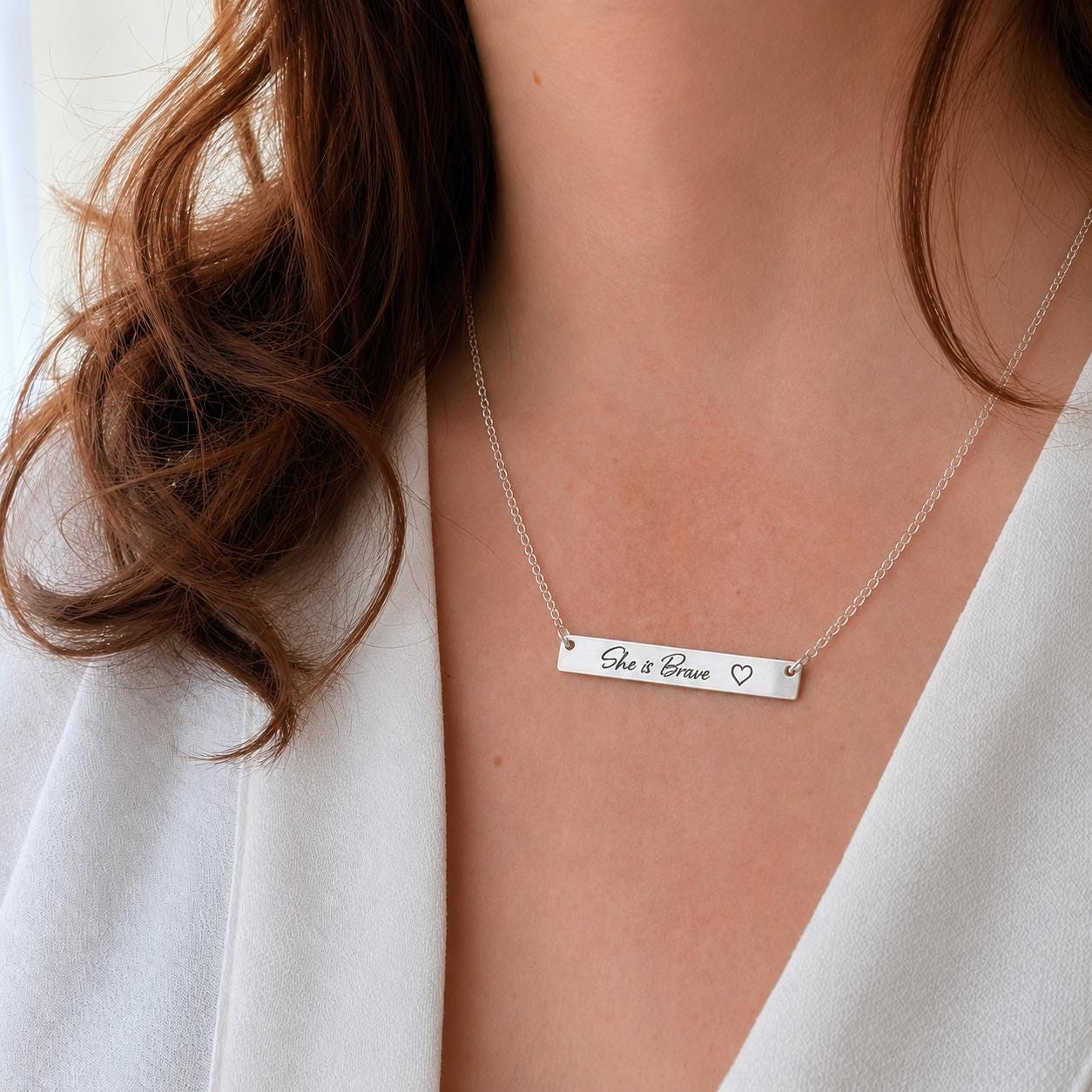 Engraved She is Brave Bar Necklace, Gift for Friend