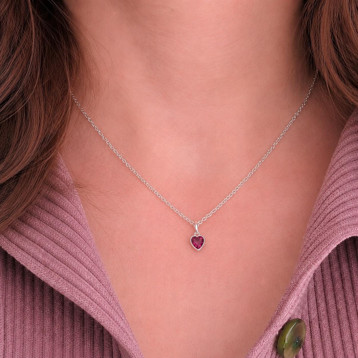July Birthstone Necklace in Sterling Silver, Cubic Zirconia Heart Birthday Gift for Women, Ruby Jewellery