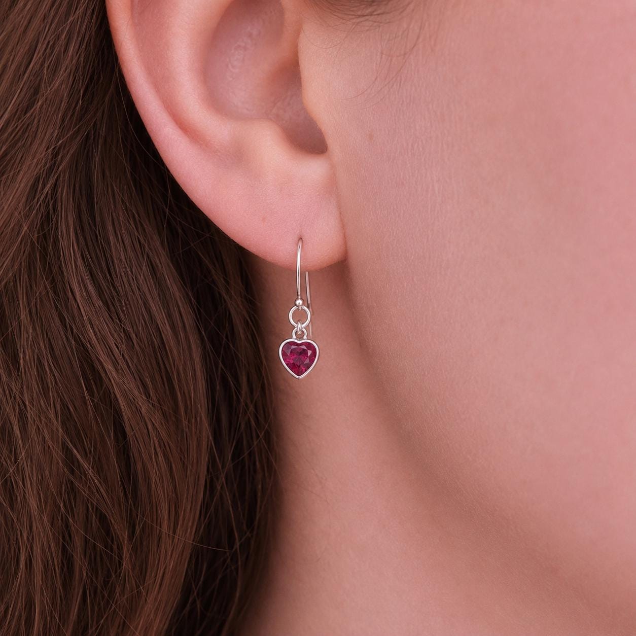 July Birthstone Earrings, Sterling Silver Cubic Zirconia Ruby Heart Earrings, Birthday Gift for Women