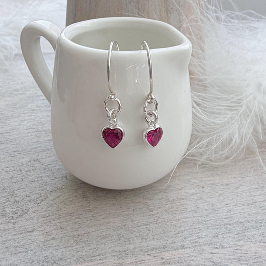 July Birthstone Earrings, Sterling Silver Cubic Zirconia Ruby Heart Earrings, Birthday Gift for Women