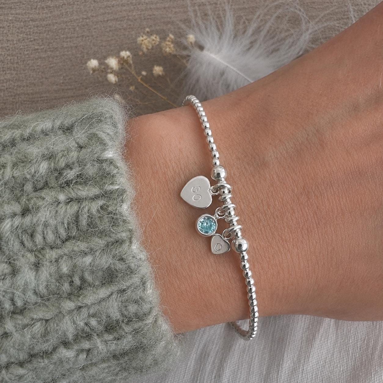 Personalised Birthstone Milestone Bracelet Gift for 16th 18th 21st 30th 40th 50th 60th 70th in Sterling Silver