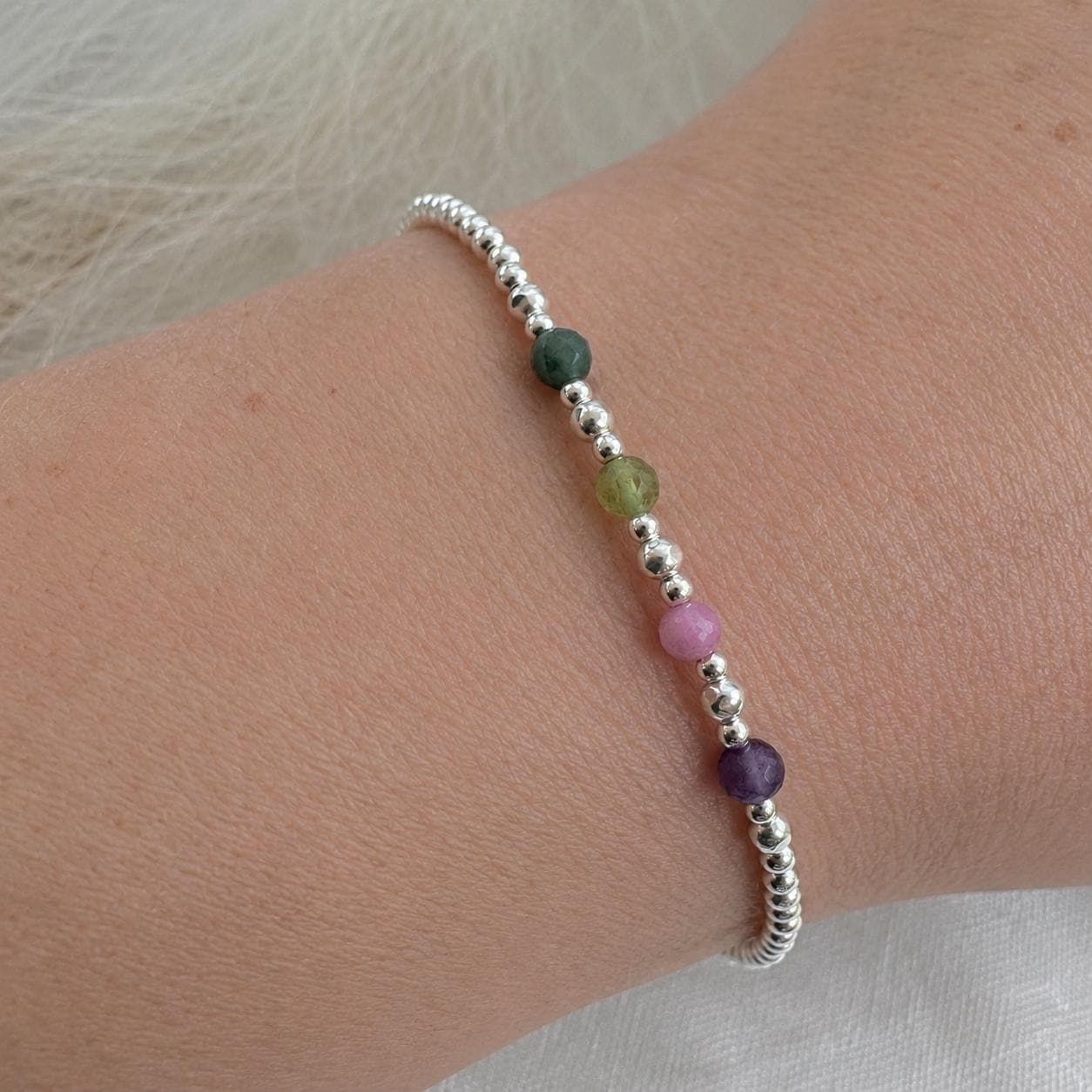 Birthstones Bracelet for Mum, meaningful gift for Mothering Sunday, family birthstone jewellery in 2.5mm sterling silver