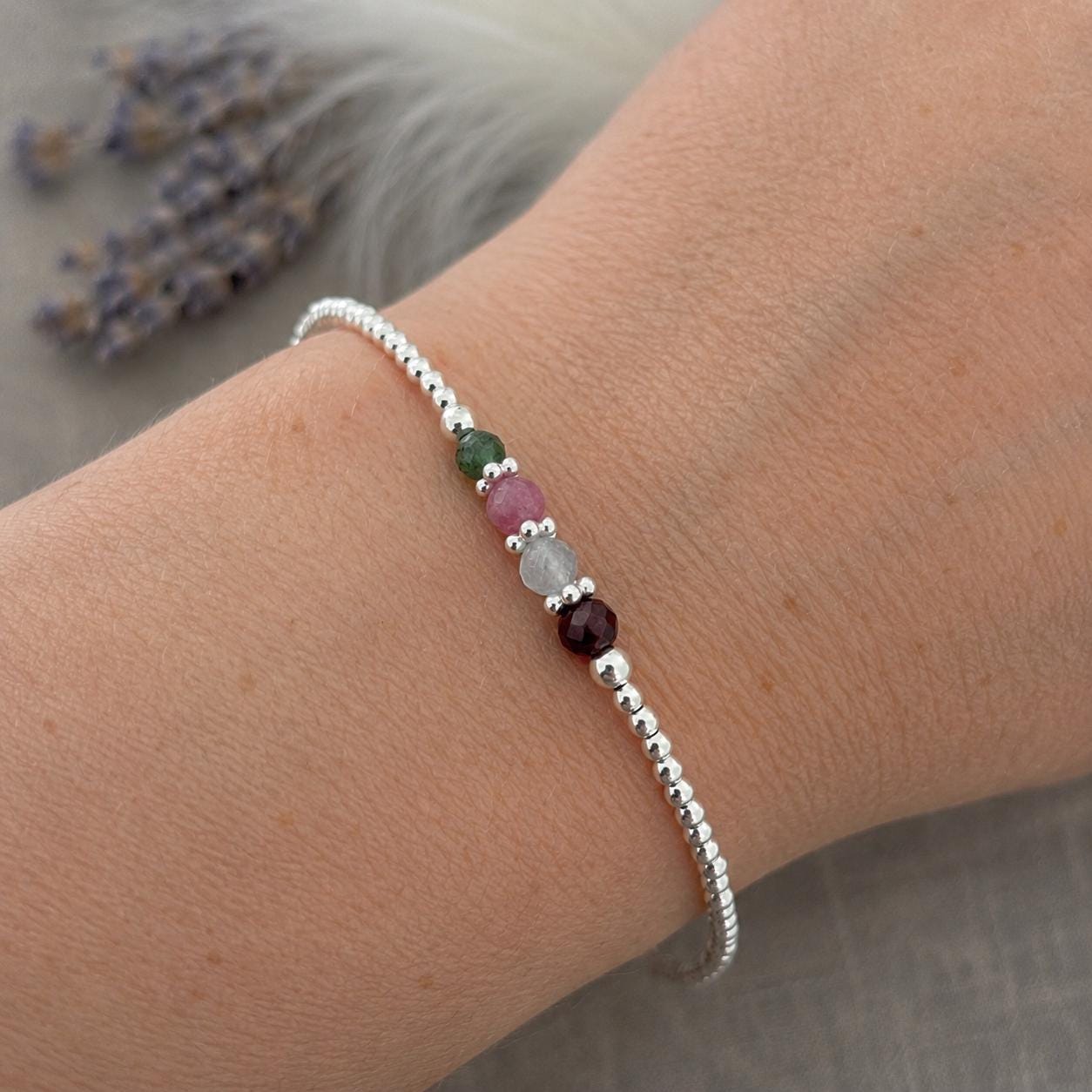 Personalised Birthstone Bracelet, Dainty Silver Bracelet with Family Birthstones