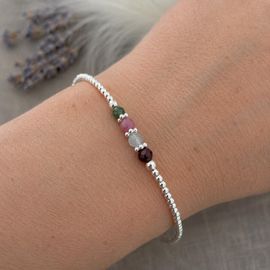 Personalised Birthstone Bracelet, Dainty Silver Bracelet with Family Birthstones
