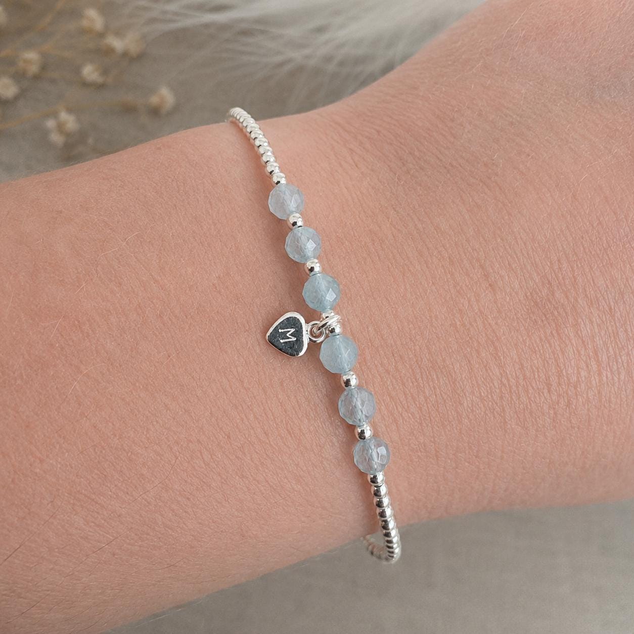 Personalised Aquamarine Bracelet, Dainty March Birthstone Jewellery in Sterling Silver