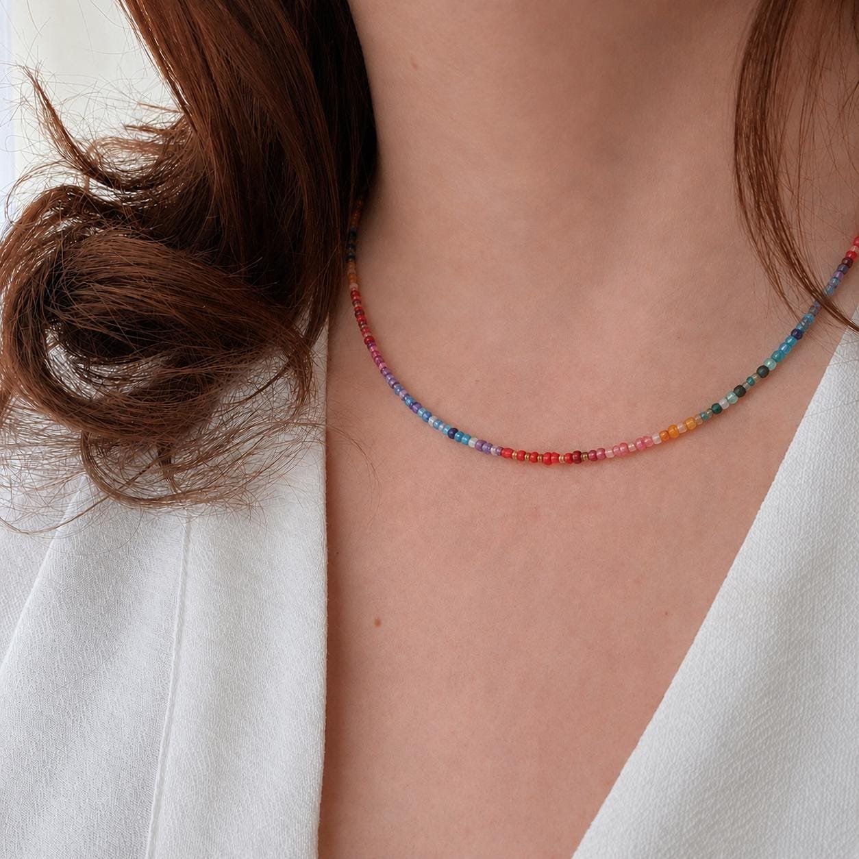 Colourful thin rainbow necklace with seed beads ombre rainbow