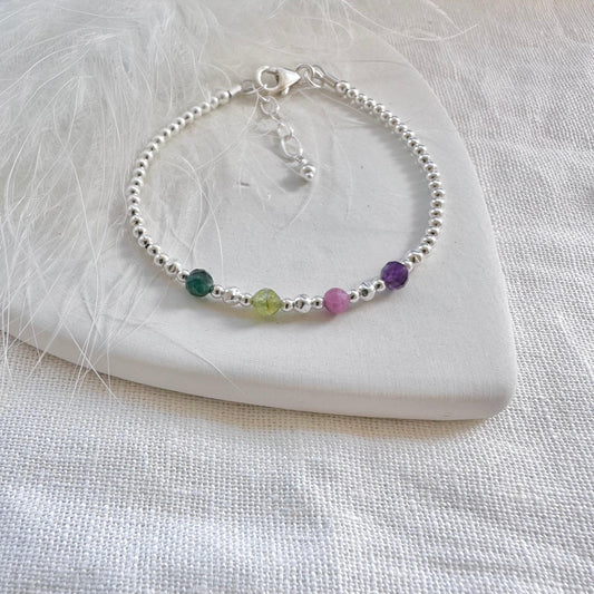 Birthstones Bracelet for Mum, meaningful gift for Mothering Sunday, family birthstone jewellery in 2.5mm sterling silver