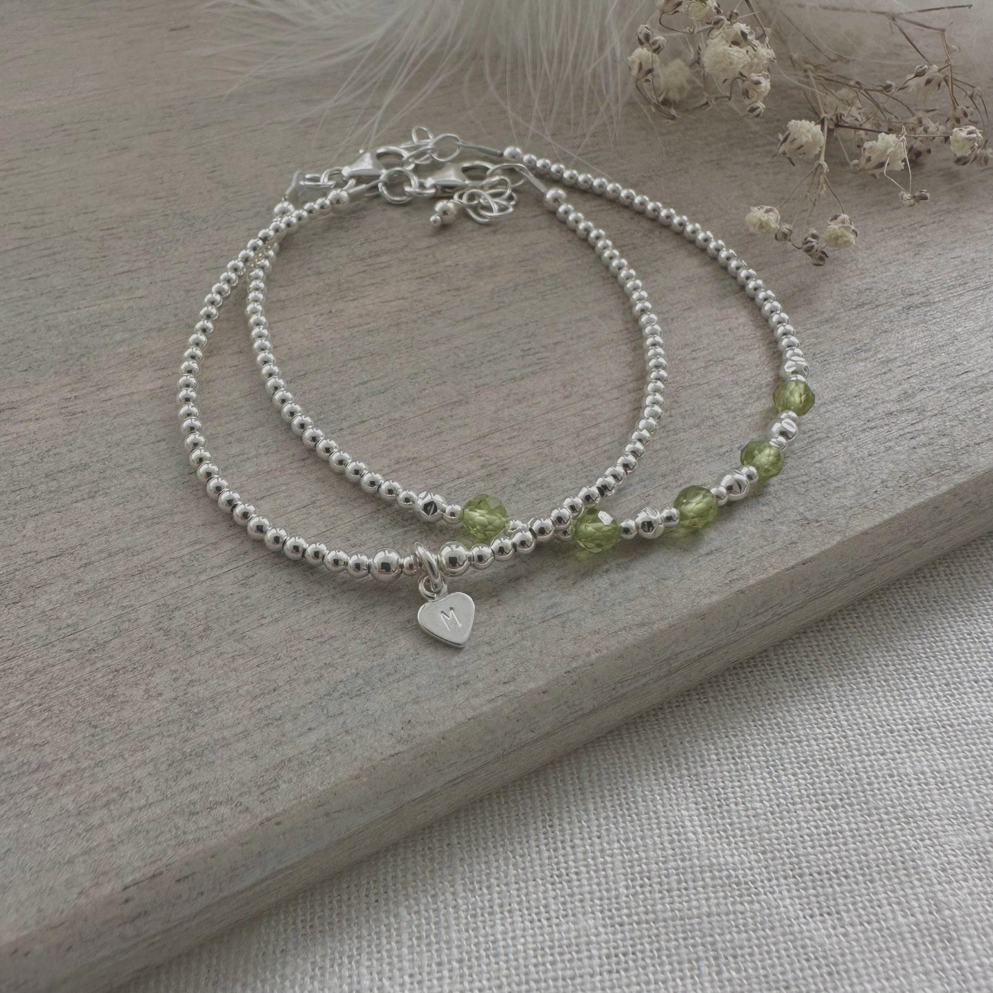 Personalised Peridot Bracelet Set, August Birthstone Jewellery