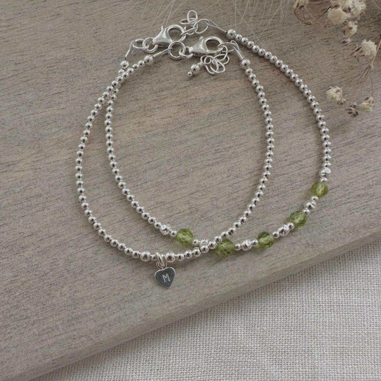 Personalised Peridot Bracelet Set, August Birthstone Jewellery