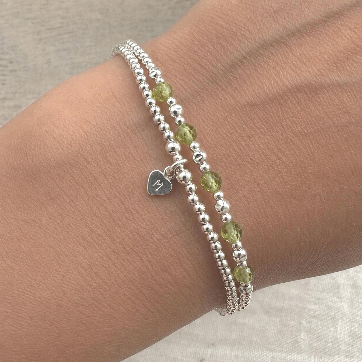 Personalised Peridot Bracelet Set, August Birthstone Jewellery