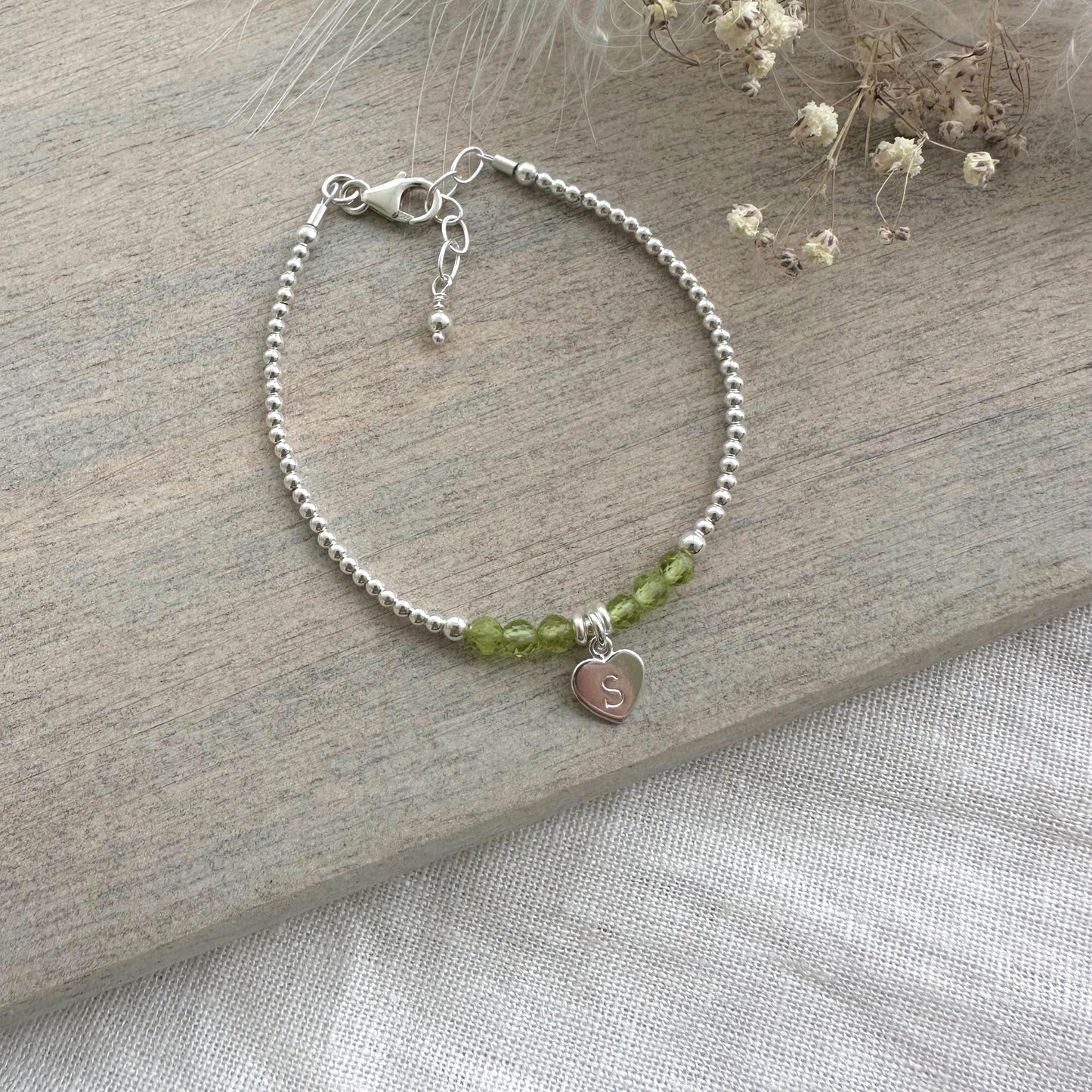 Personalised August Birthstone Bracelet, Dainty Peridot Bracelet in Sterling Silver