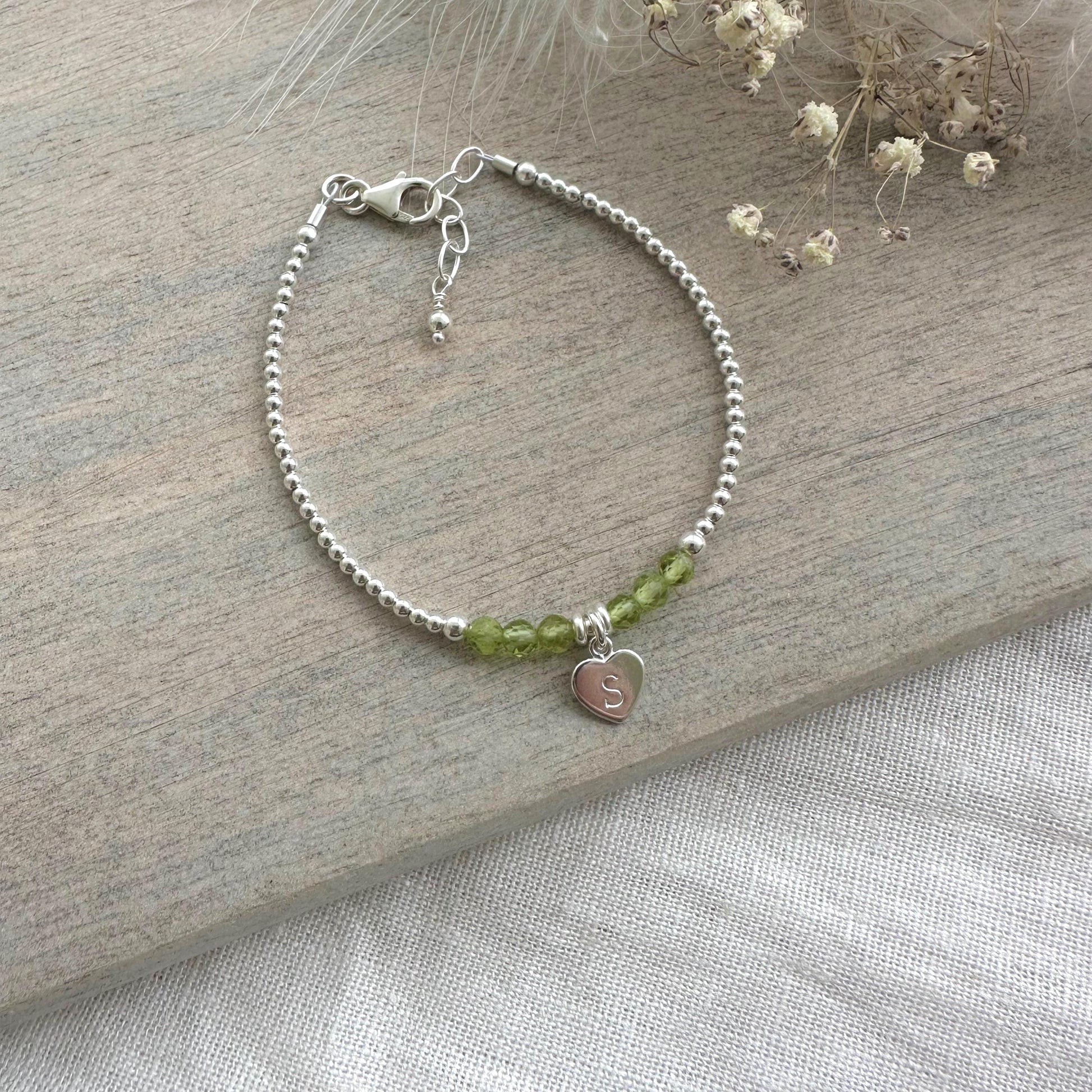 Personalised August Birthstone Bracelet, Dainty Peridot Bracelet in Sterling Silver