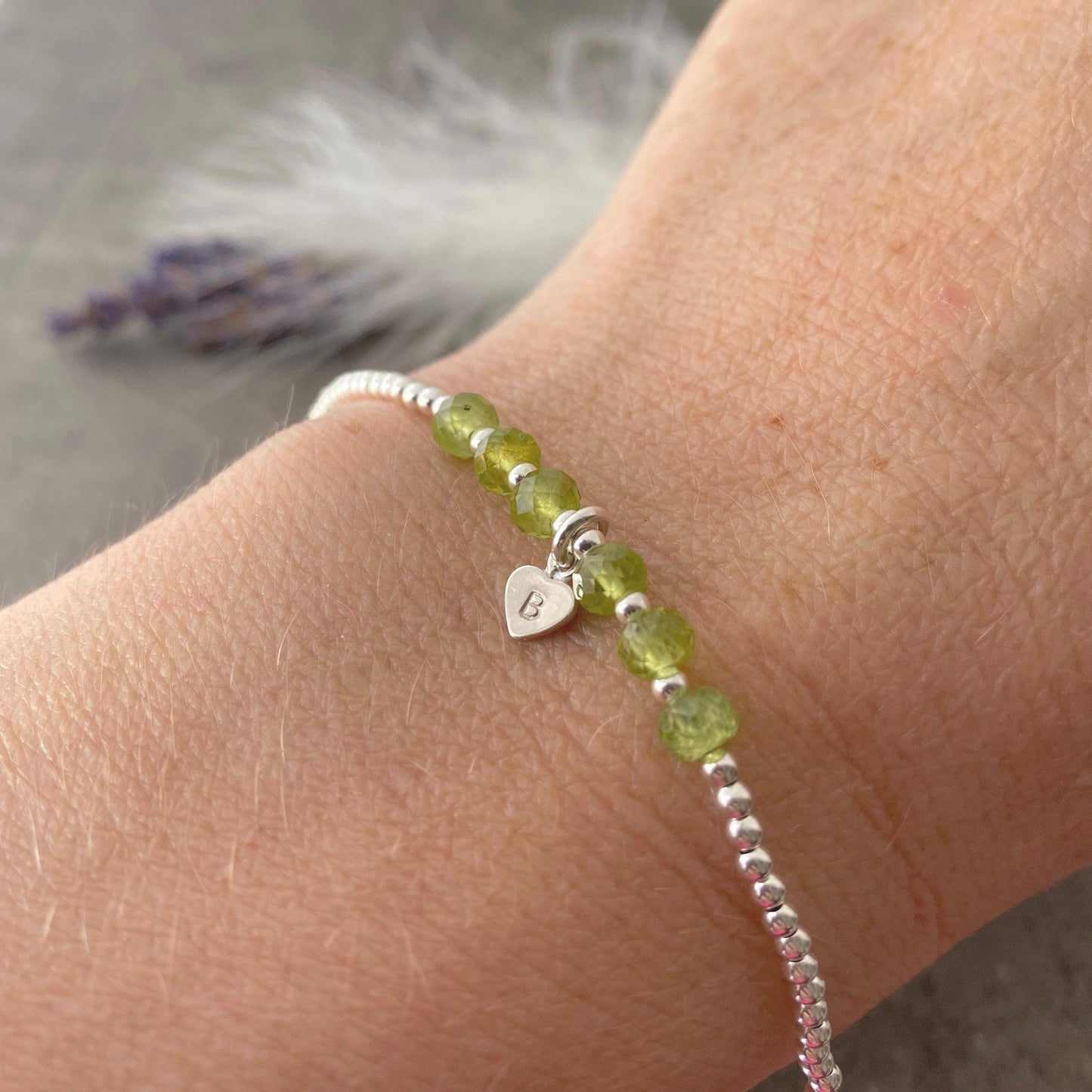 Personalised Peridot Bracelet, Dainty August Birthstone Jewellery in Sterling Silver