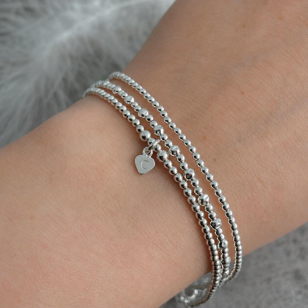 Personalised Silver Stacking Bracelet Set, Sterling Silver Family Initial Layering Bracelets