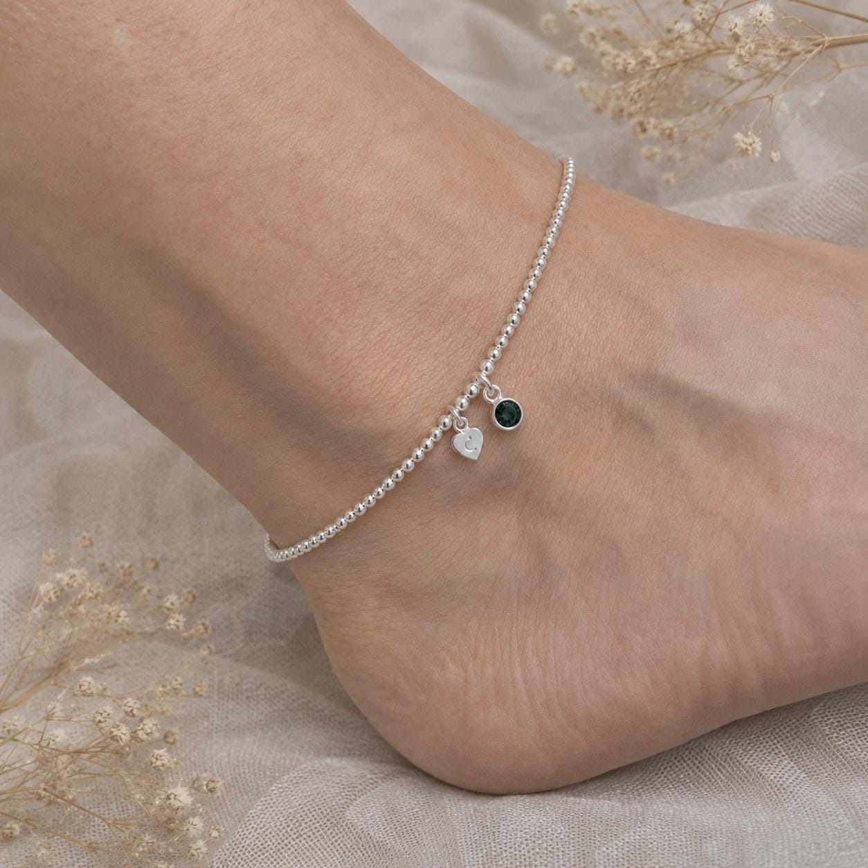 Personalised Birthstone Anklet in Sterling Silver with Heart Initial, Anklets for women