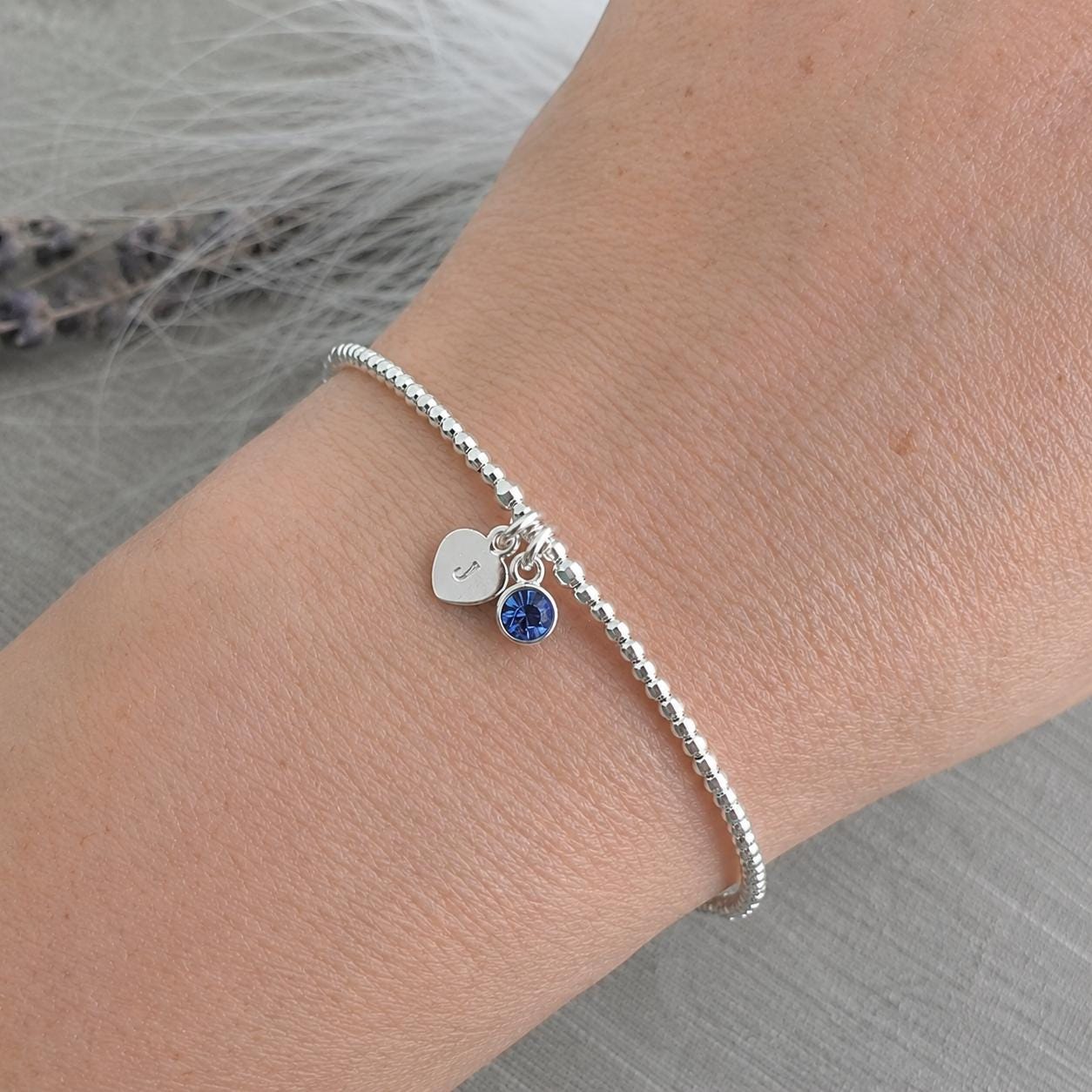 Birthstone Charm Initial Bracelet, Personalised Sterling Silver Jewellery for her birthday