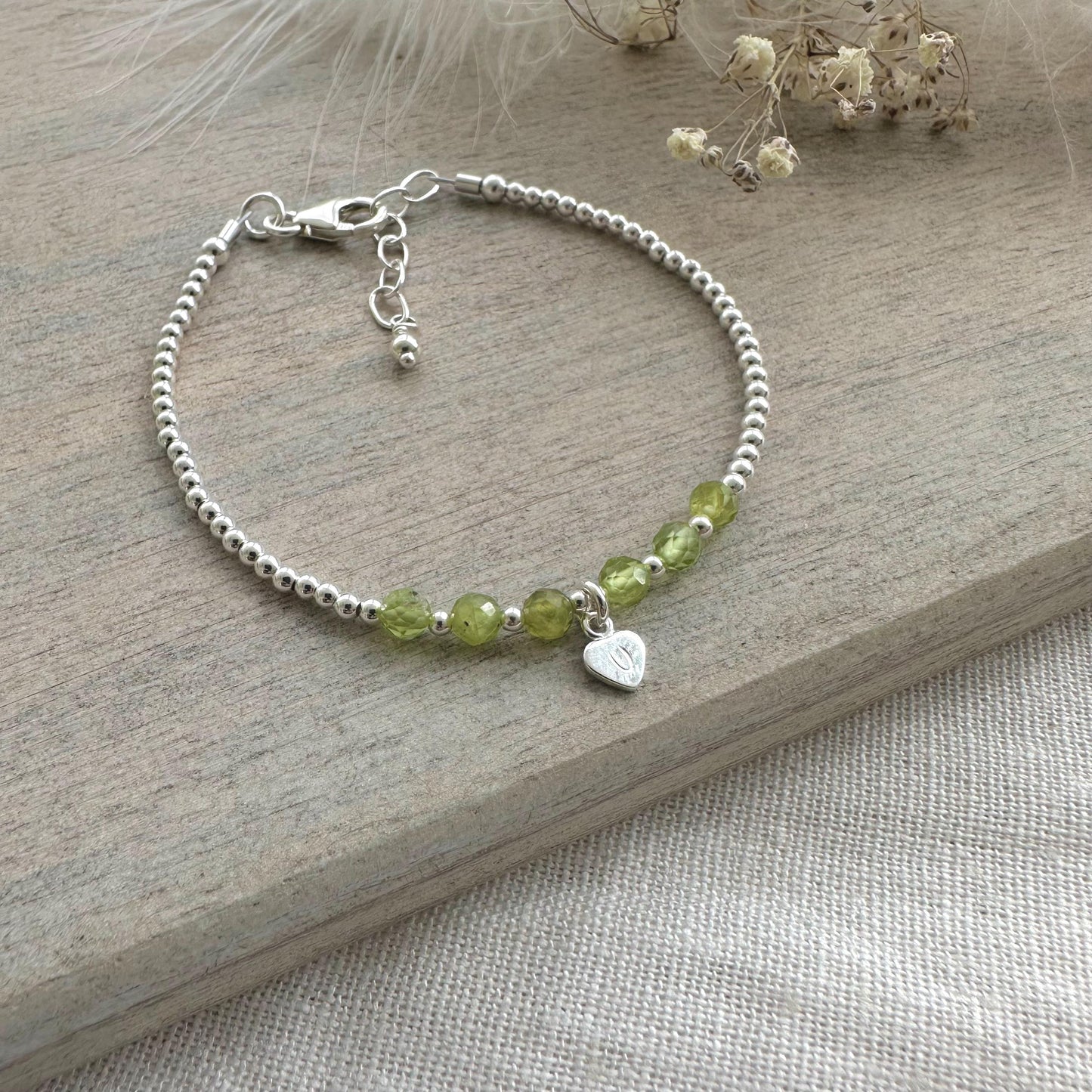 Personalised Peridot Bracelet, Dainty August Birthstone Jewellery in Sterling Silver