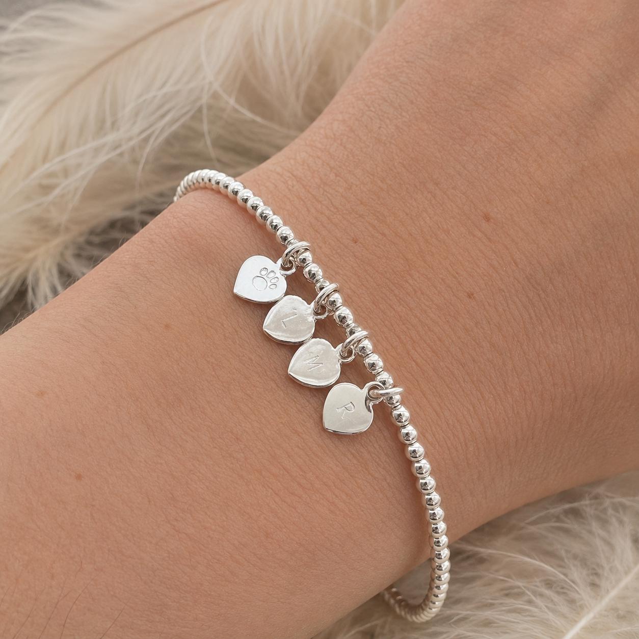 Paw Family and Pet Initials Personalised Bracelet sterling silver, Cat Dog lovers gift Dainty Jewellery