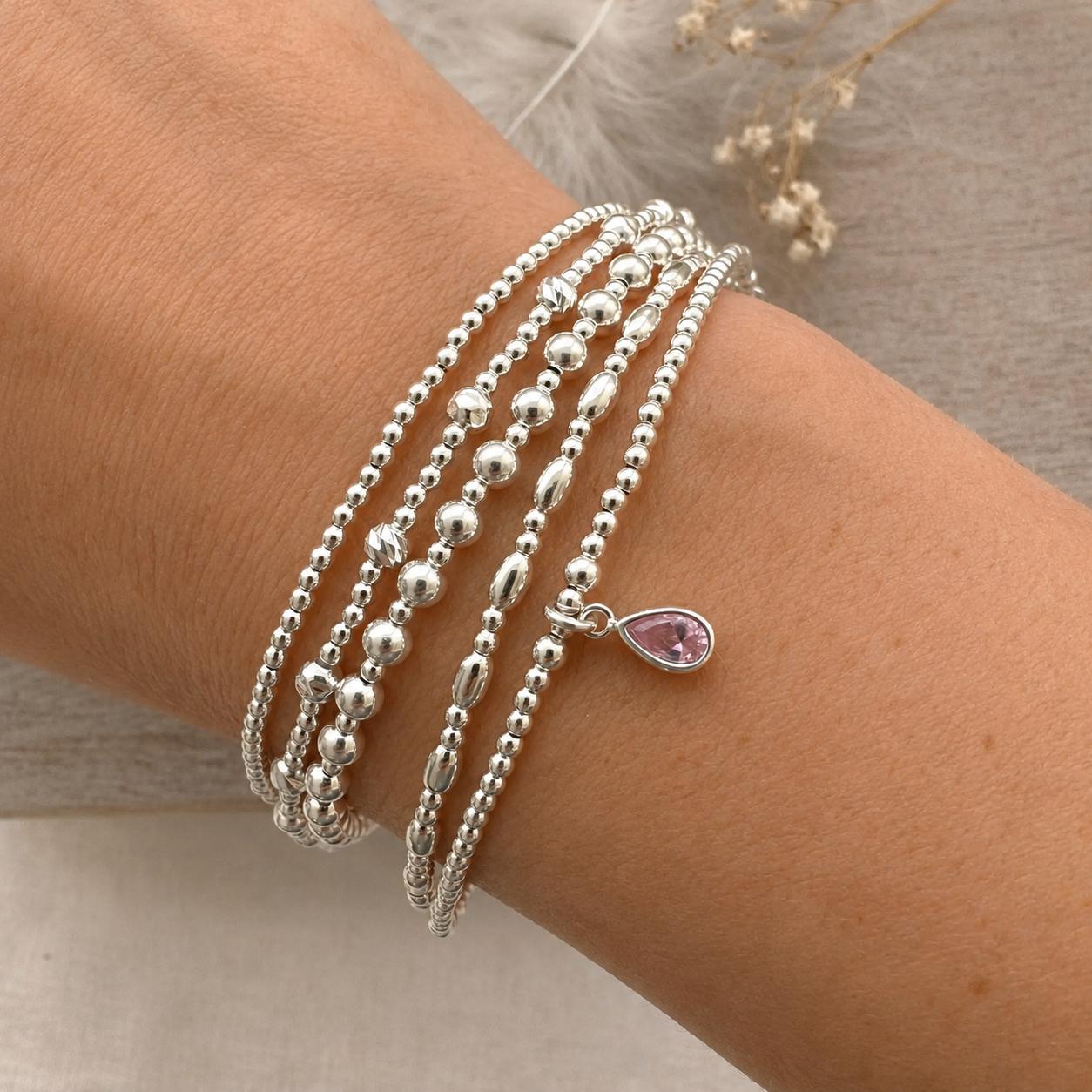 Sterling Silver Bracelet Stack, 5 Sterling Silver Stacking Bracelets Set with Cubic zirconia