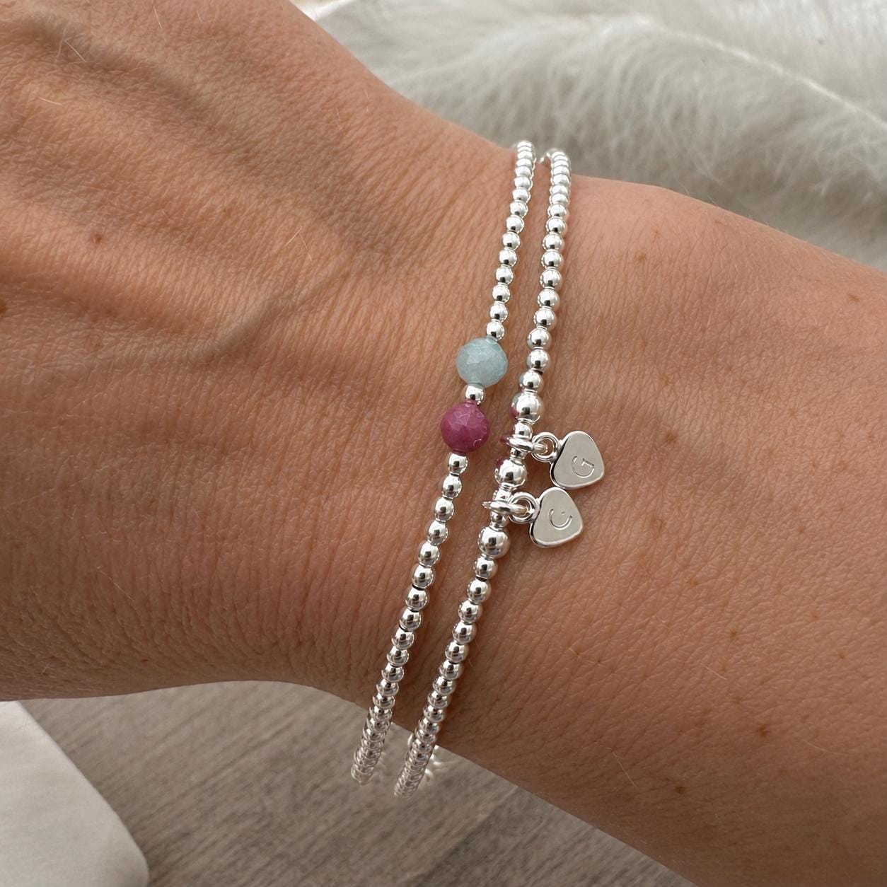Family Birthstone & Initial Two Bracelet Set, Dainty Family Jewellery