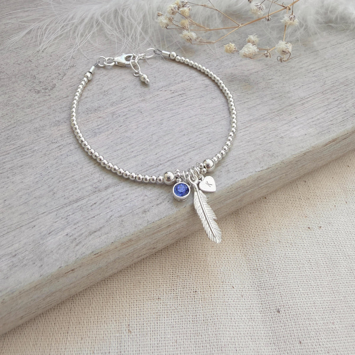 Feather Initial & Birthstone Keepsake Bracelet in Sterling Silver for Memorial Gift