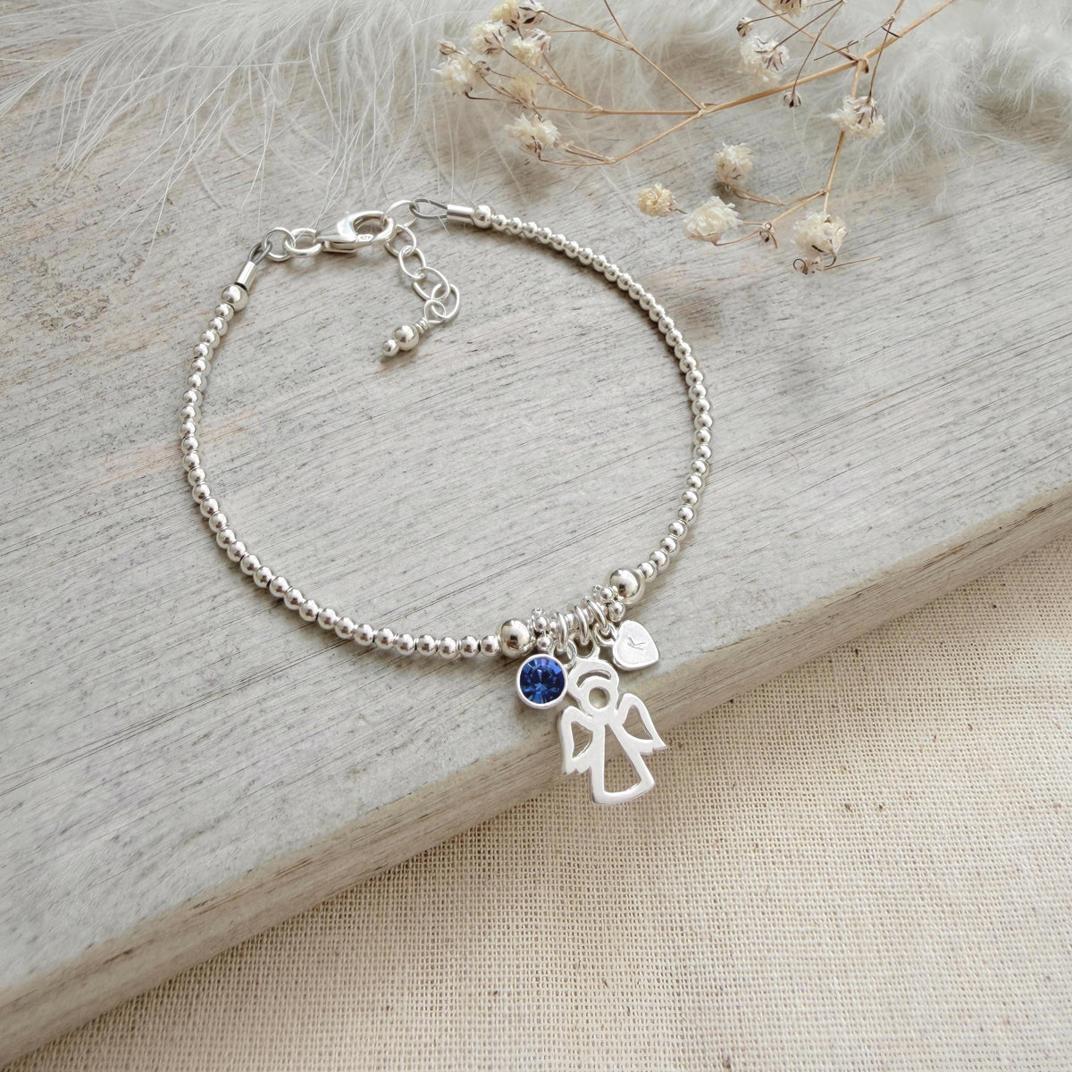 Angel Initial and Birthstone Keepsake, Sterling Silver Memorial Bracelet
