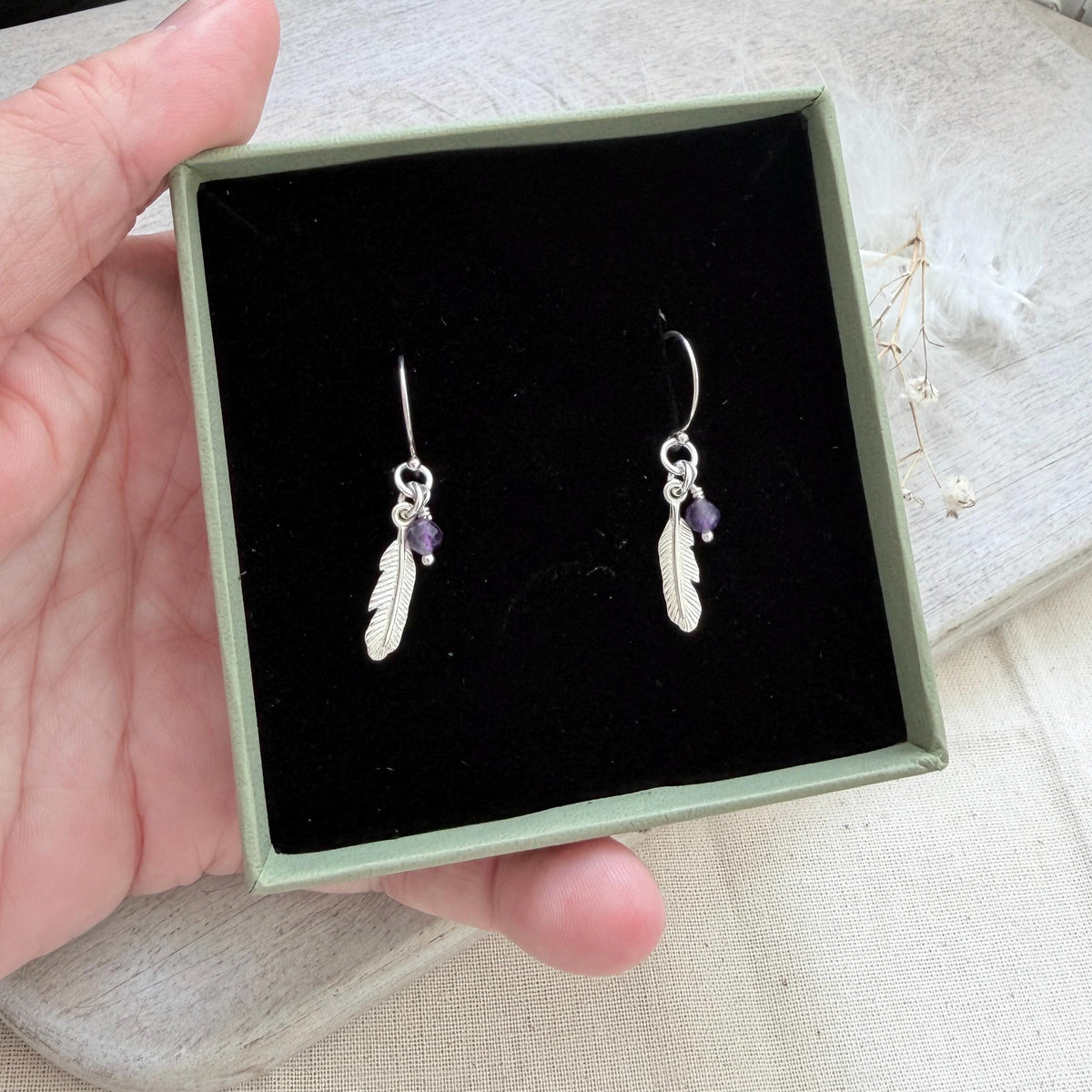 Feather Memorial Earrings, Sterling Silver Birthstone Remembrance Gift