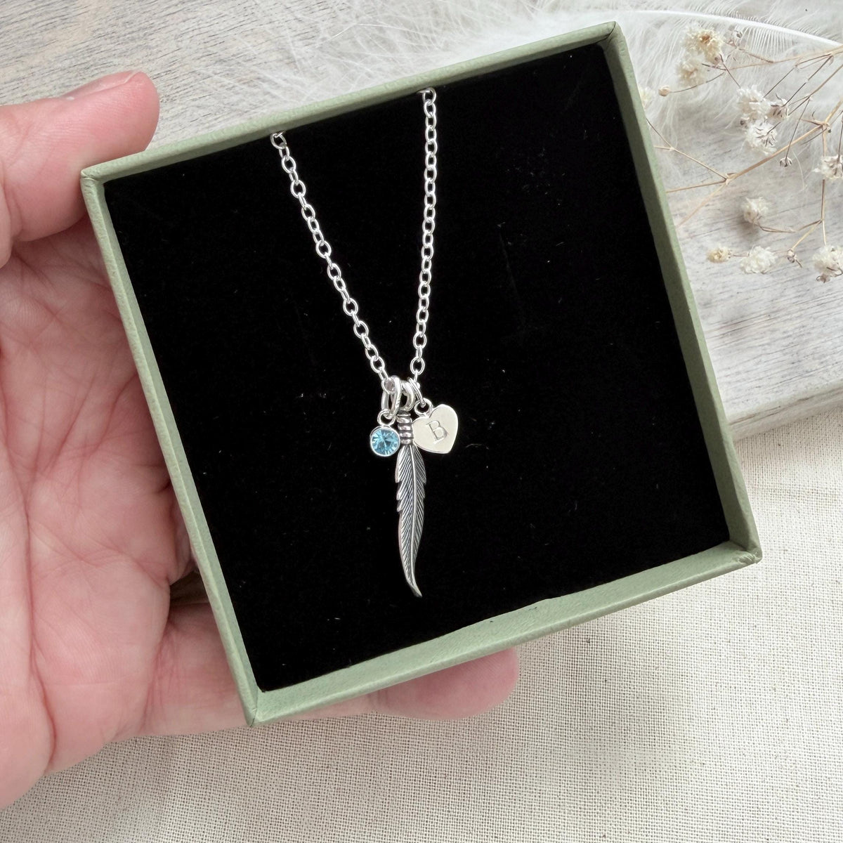 Memorial Feather Necklace Personalised Initial and Birthstone in Sterling Silver