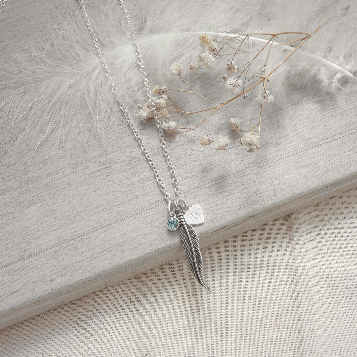Memorial Feather Necklace Personalised Initial and Birthstone in Sterling Silver