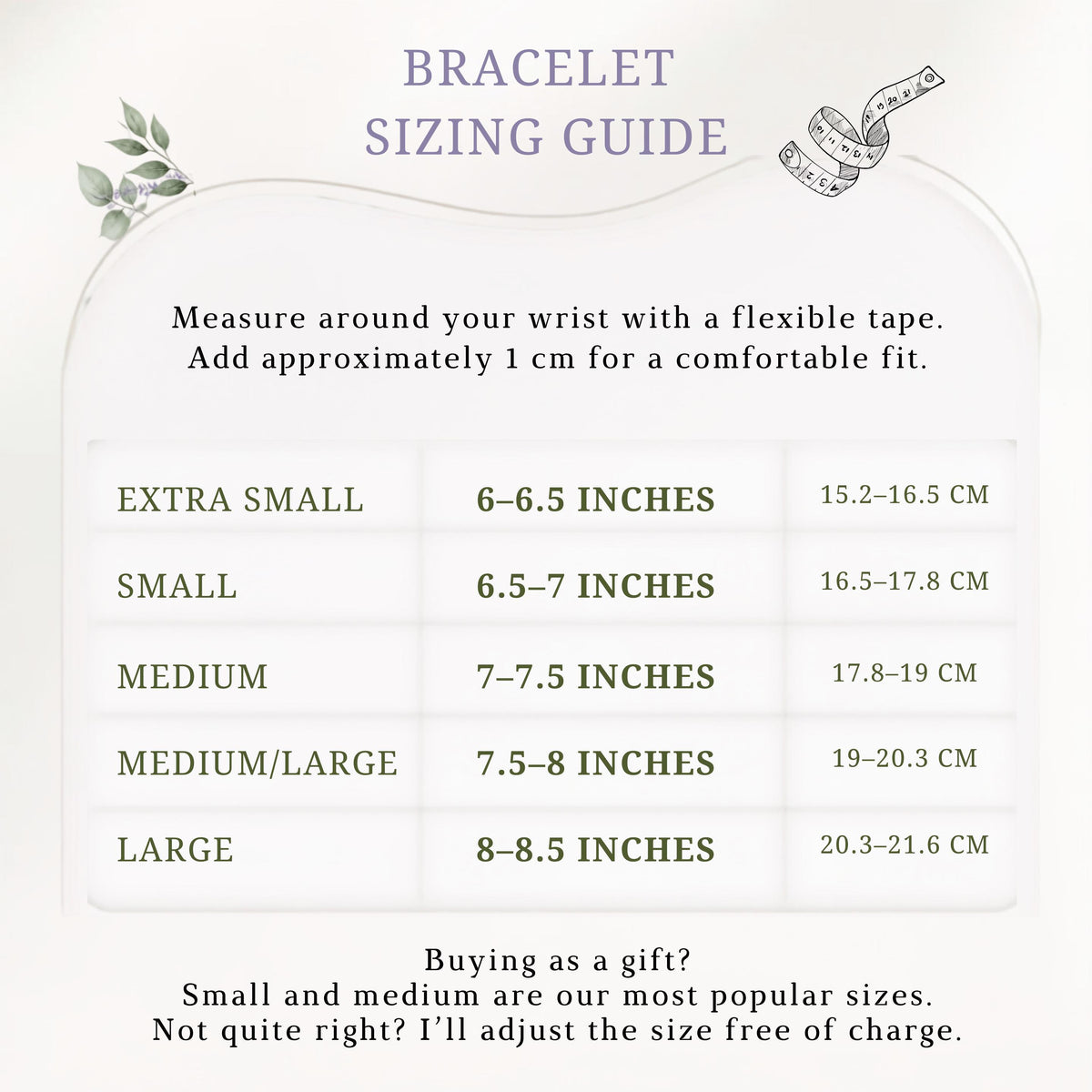 The image is a bracelet sizing guide that provides measurements for different bracelet sizes, ranging from small to large.