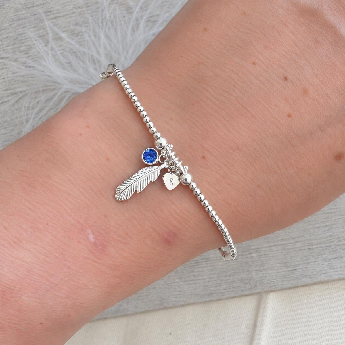 Feather Initial & Birthstone Keepsake Bracelet in Sterling Silver for Memorial Gift