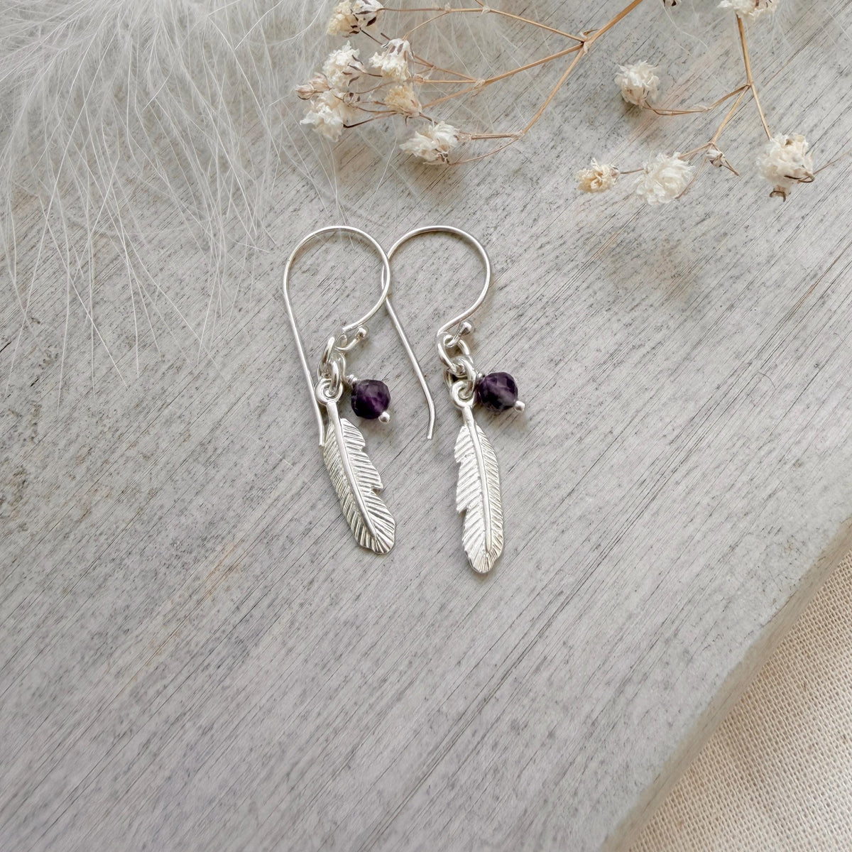 Feather Memorial Earrings, Sterling Silver Birthstone Remembrance Gift