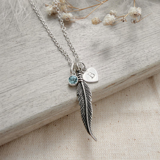 Memorial Feather Necklace Personalised Initial and Birthstone in Sterling Silver