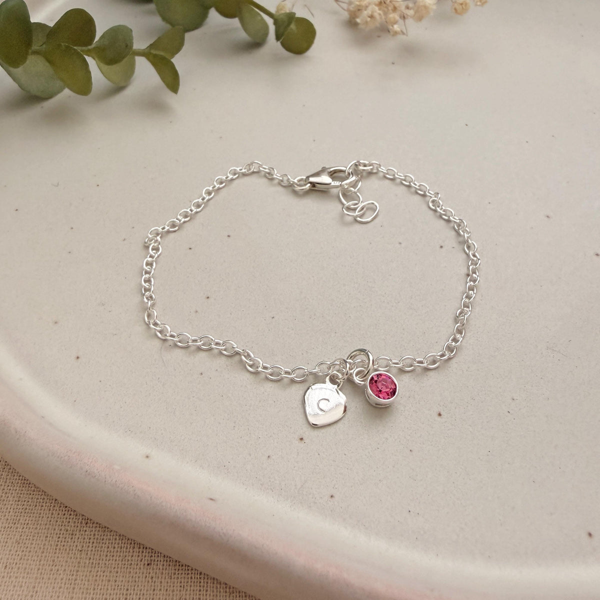 Personalised Sterling Silver Initial Bracelet with Birthstone, Dainty Birthday Gift