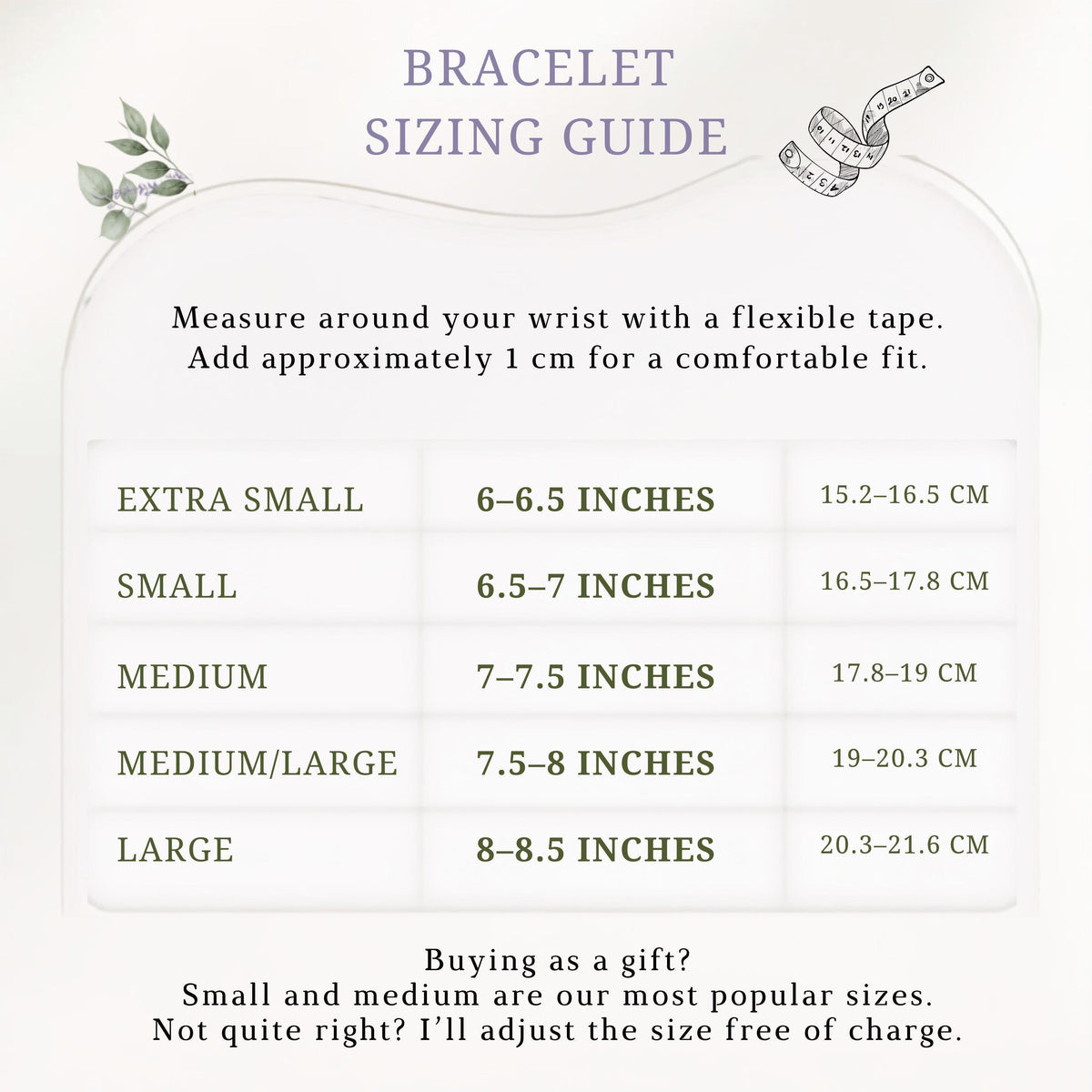 The image is a bracelet sizing guide that provides measurements and corresponding bracelet sizes for different wrist sizes.
