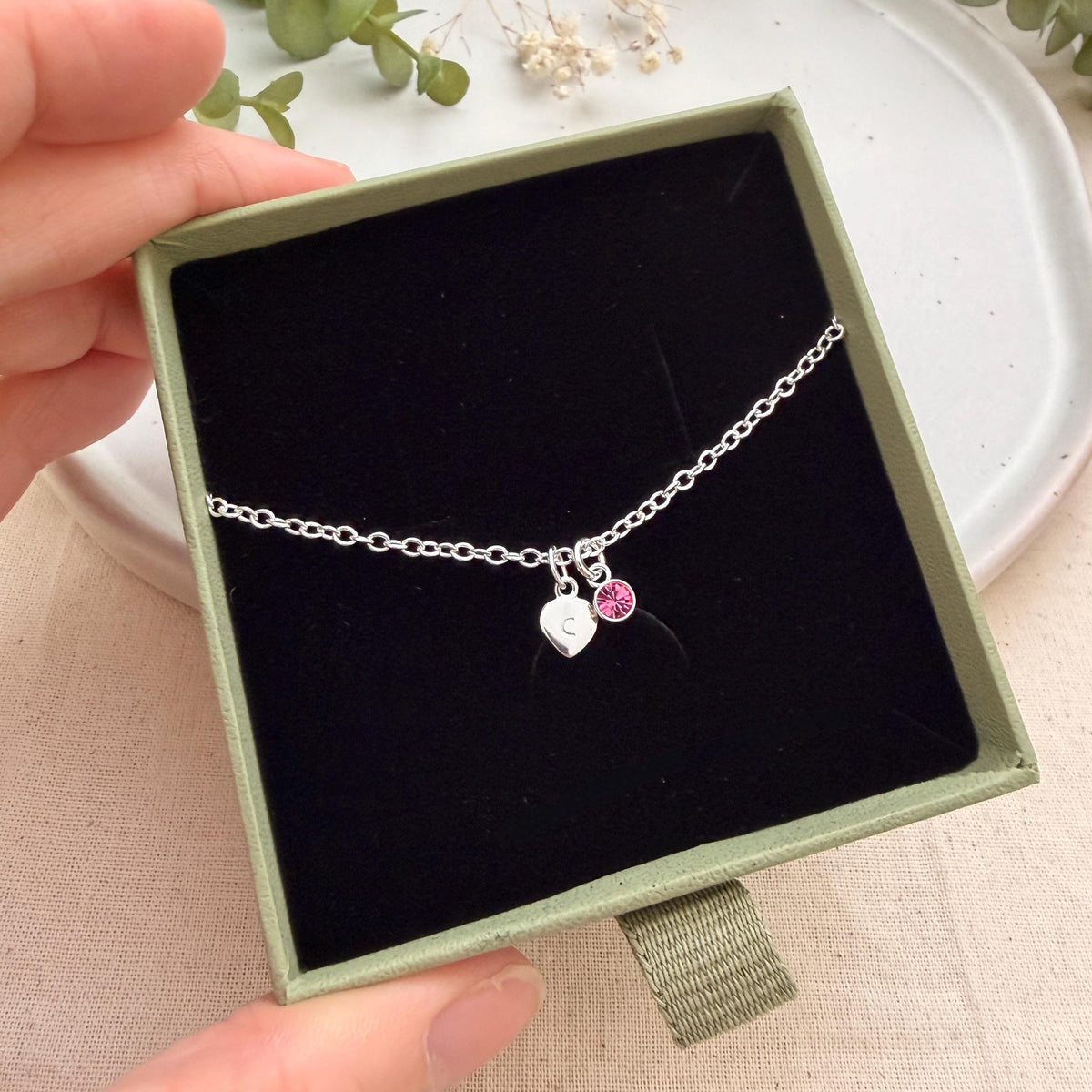 Personalised Sterling Silver Initial Bracelet with Birthstone, Dainty Birthday Gift