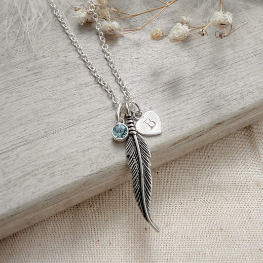 Memorial Feather Necklace Personalised Initial and Birthstone in Sterling Silver